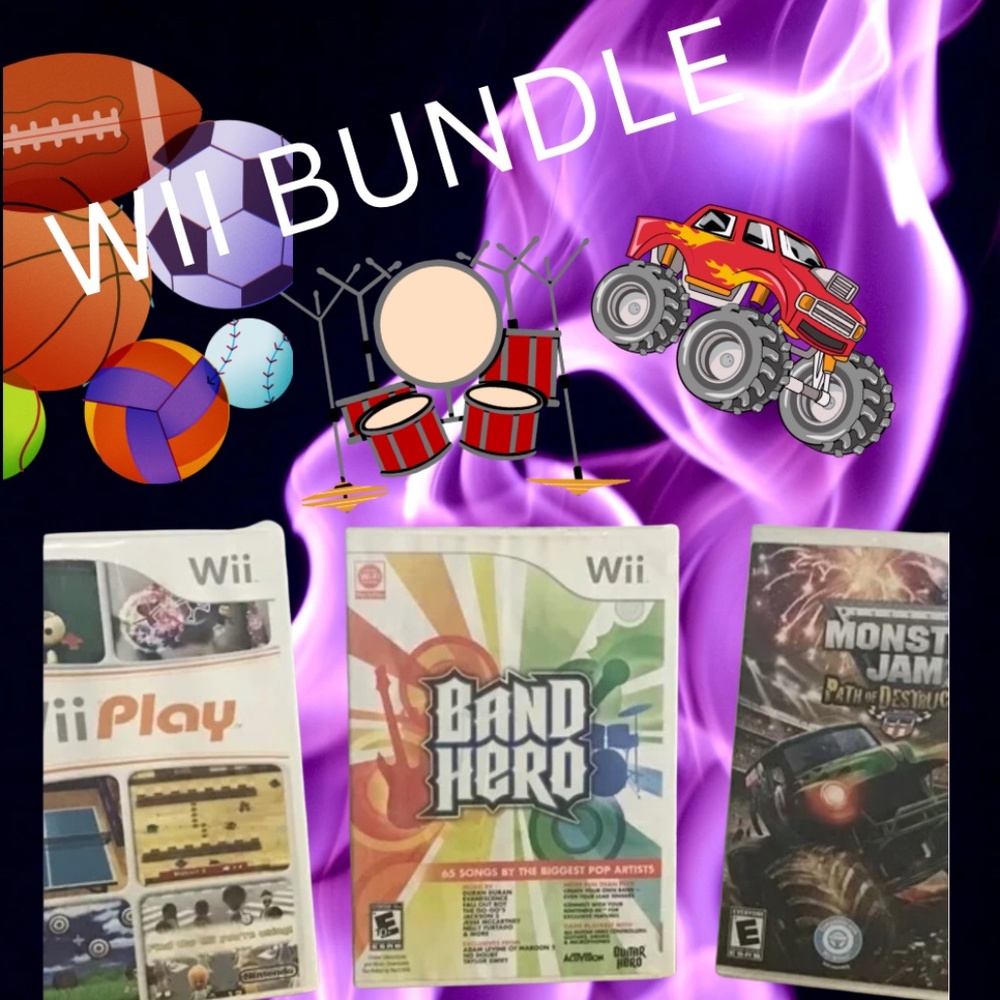 Wii Games Bundle Lot Monster Jam, Band Hero, Wii Play